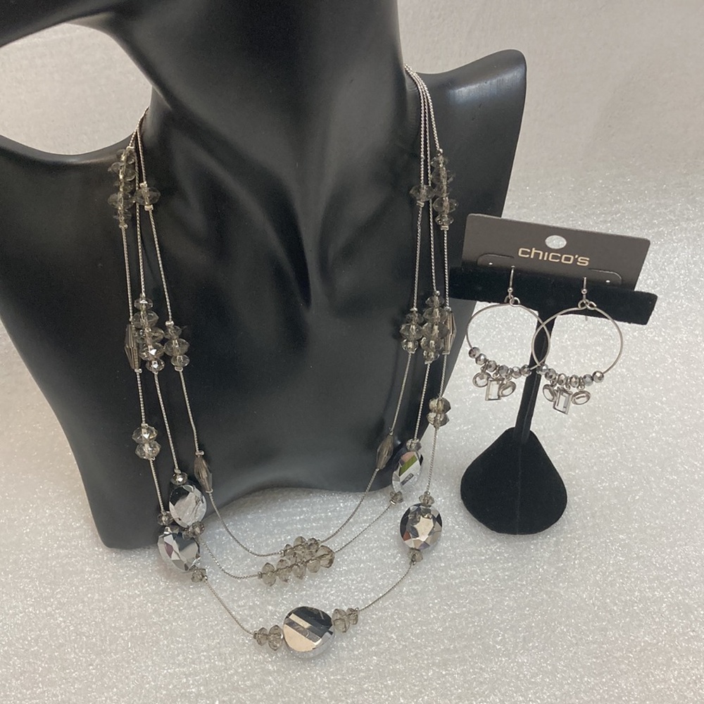 Chico’s NWOT - Triple Strand Silvertone Necklace with Smokey Crystals & Earrings